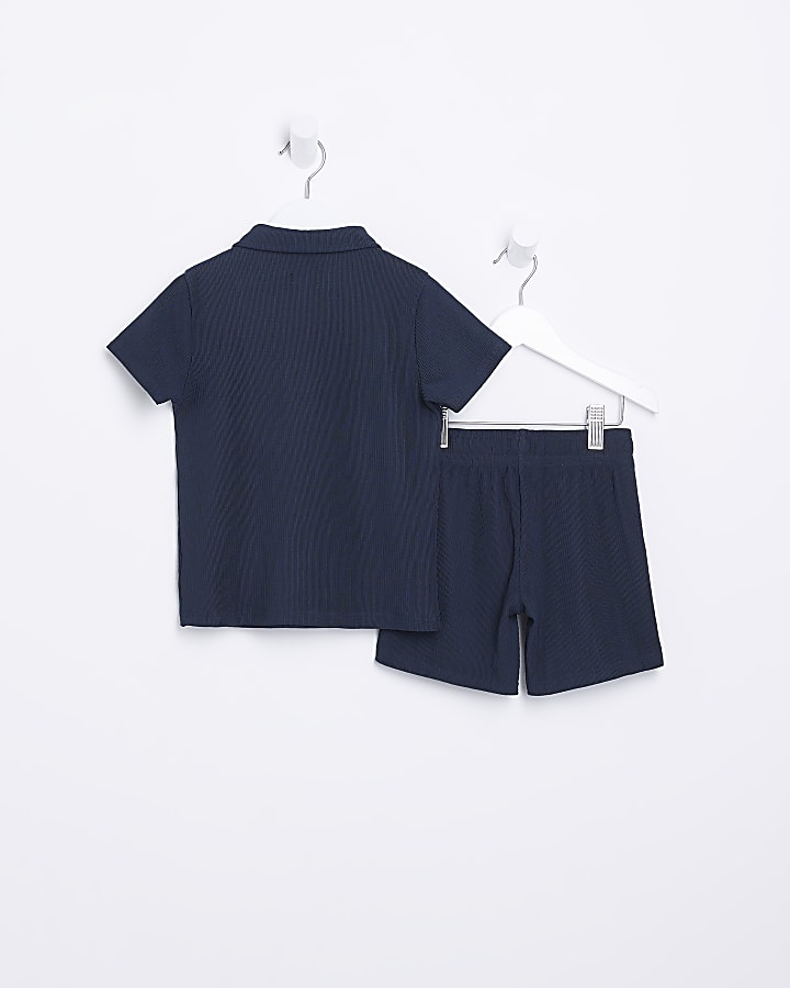 Mini boys navy Plisse Polo shirt set