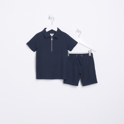 Mini boys navy Plisse Polo shirt set