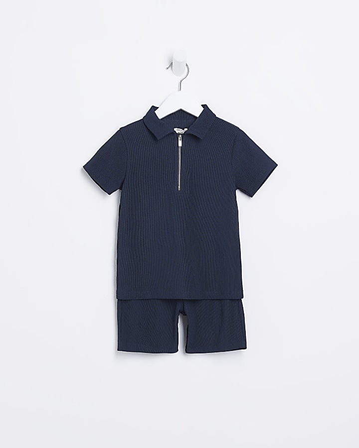 Mini boys navy Plisse Polo shirt set