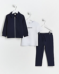 Mini boys navy Plisse shacket 3 piece outfit