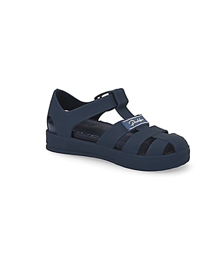 360 degree animation of product Mini boys navy Prolific caged jelly sandals frame-17
