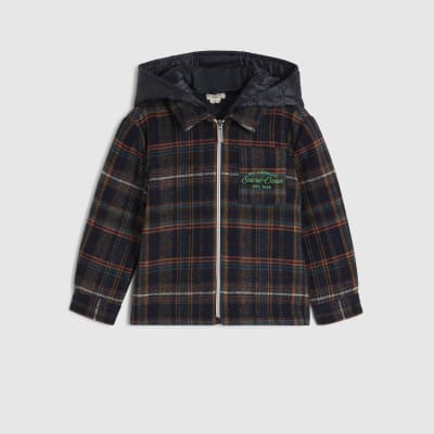 Mini Boys Navy Quilted Check Hooded Overshirt