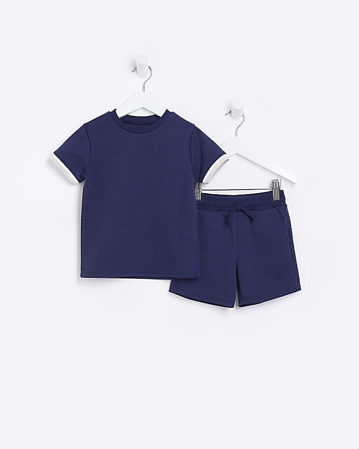Mini boys Navy Quilted t-shirt and shorts Set
