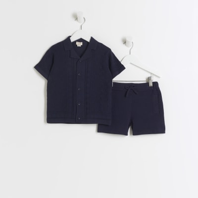 Mini Boys Navy Revere Shirt and Shorts Set