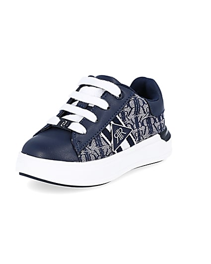 360 degree animation of product Mini boys navy RI monogram lace up trainers frame-0