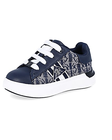 360 degree animation of product Mini boys navy RI monogram lace up trainers frame-1