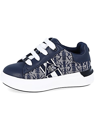 360 degree animation of product Mini boys navy RI monogram lace up trainers frame-2