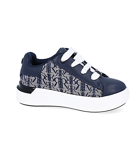360 degree animation of product Mini boys navy RI monogram lace up trainers frame-16