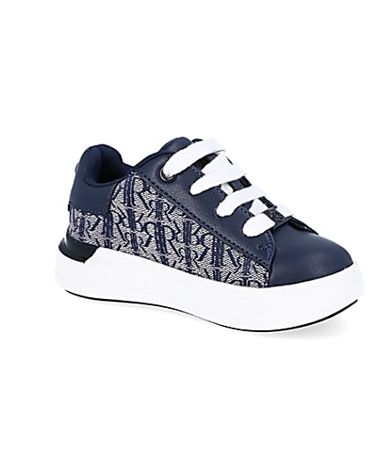 360 degree animation of product Mini boys navy RI monogram lace up trainers frame-17