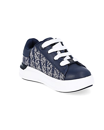 360 degree animation of product Mini boys navy RI monogram lace up trainers frame-18