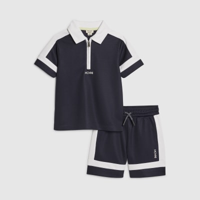 Mini Boys Navy Slim Blocked Polo Set
