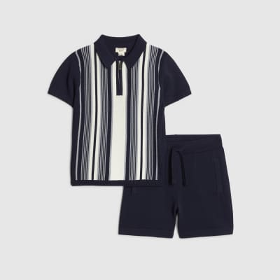 Mini Boys Navy Stripe Polo Shirt Set