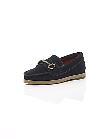360 degree animation of product Mini boys navy suede snaffle loafers frame-0
