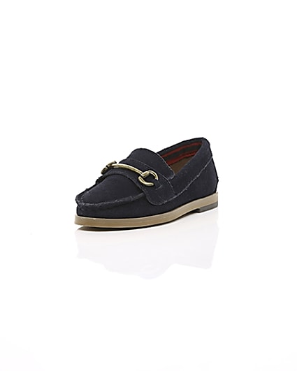 360 degree animation of product Mini boys navy suede snaffle loafers frame-1