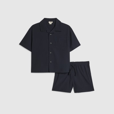 Mini Boys Navy Textured Shirt Set