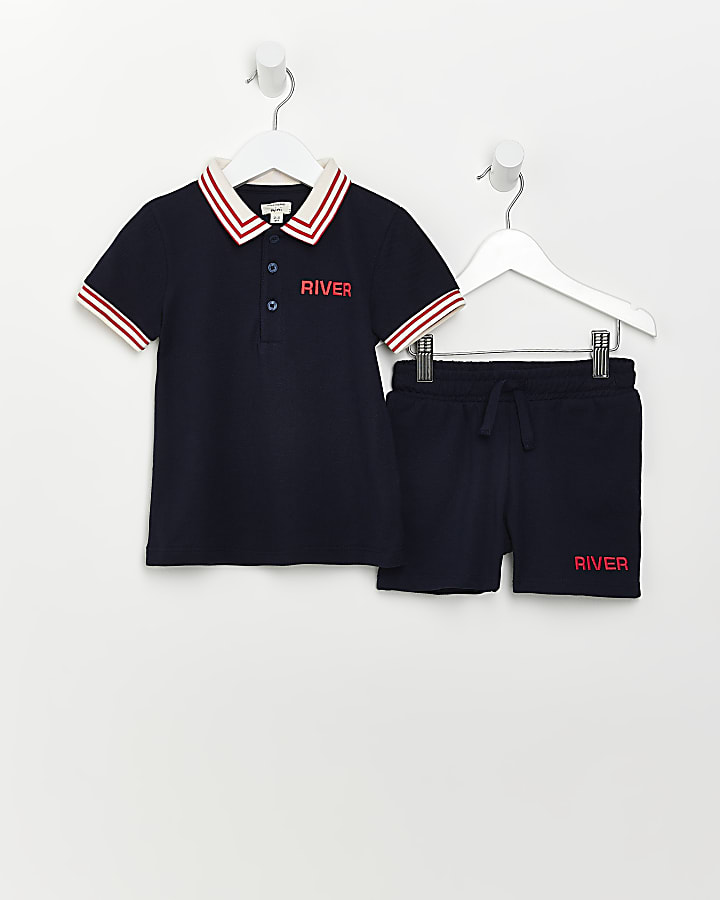 Mini boys navy tipped collar polo shirt set