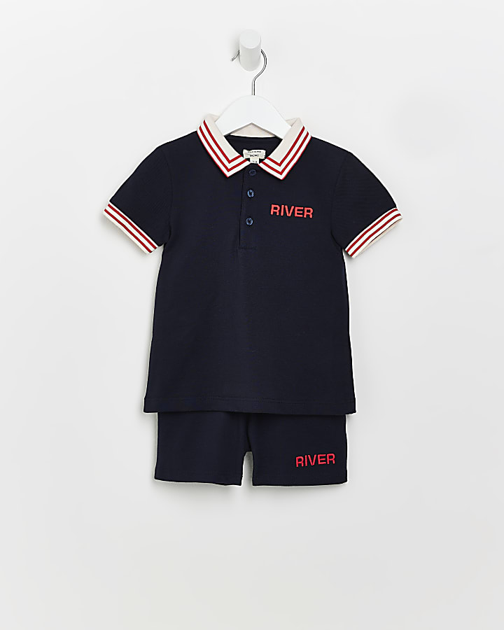 Mini boys navy tipped collar polo shirt set