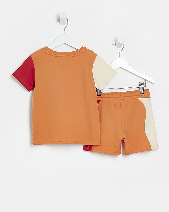 Mini boys orange colour block t-shirt outfit