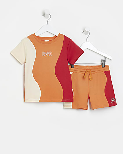 Mini boys orange colour block t-shirt outfit