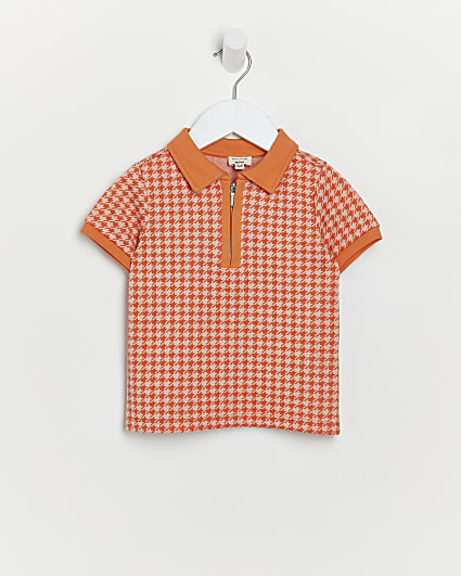 Mini boys orange dogtooth zip neck polo shirt