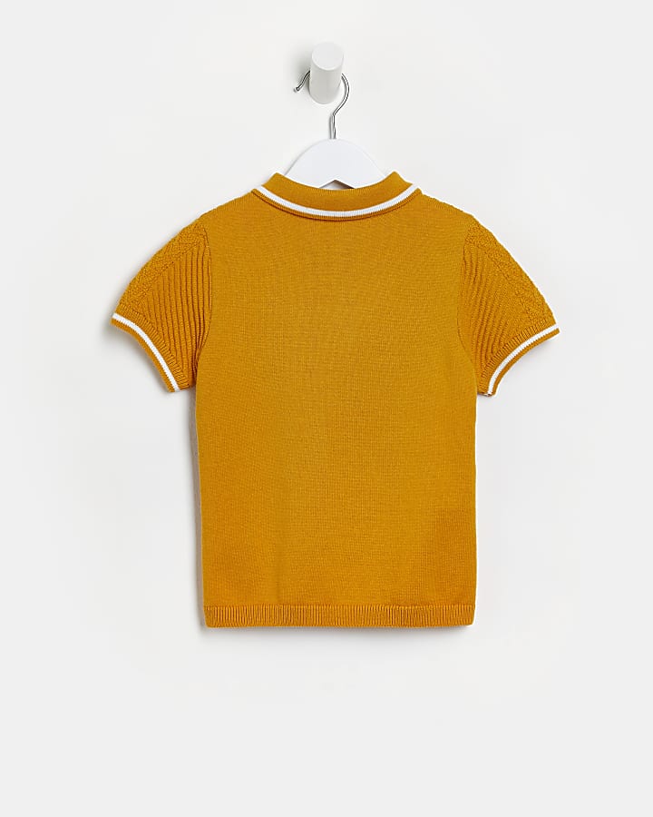 Mini boys orange textured knit polo shirt