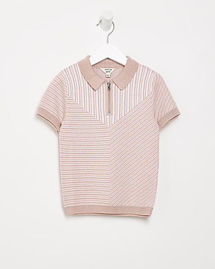 Mini boys pink blocked stripe polo shirt