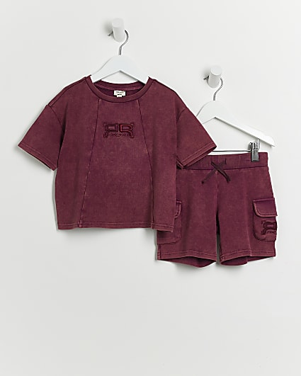 Mini boys purple acid wash cargo shorts set