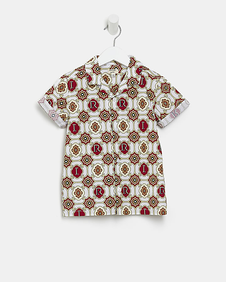 Mini boys red geometric print revere shirt