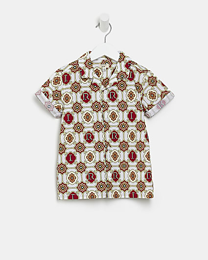 Mini boys red geometric print revere shirt