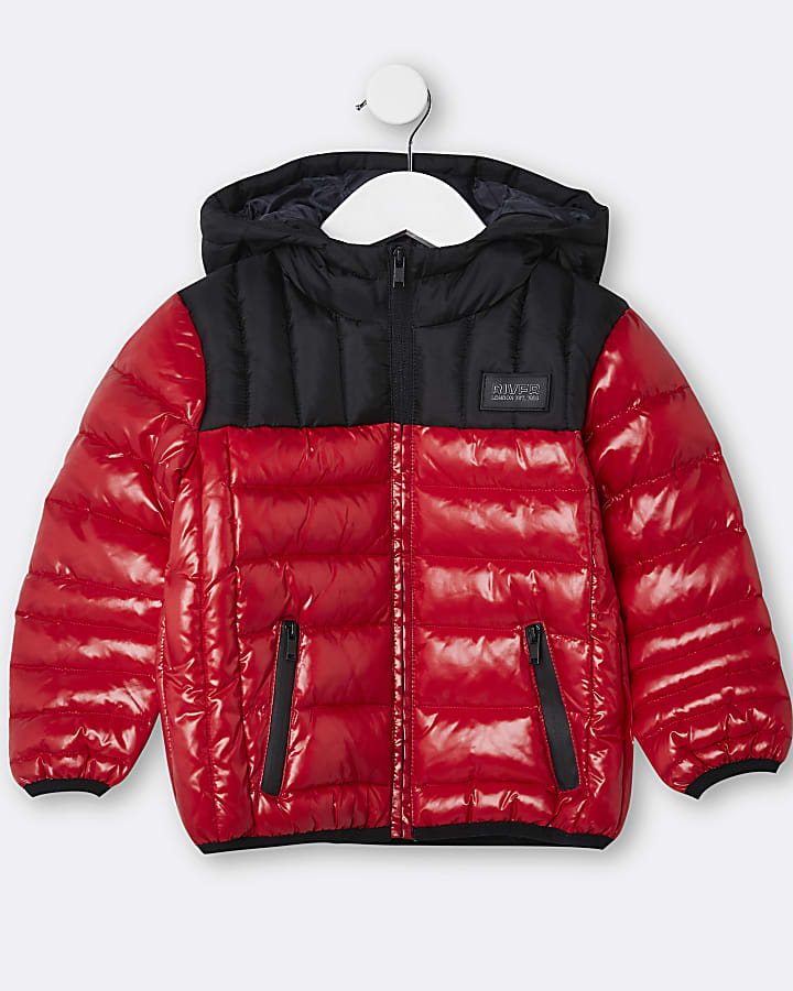 Mini boys red hooded puffer coat