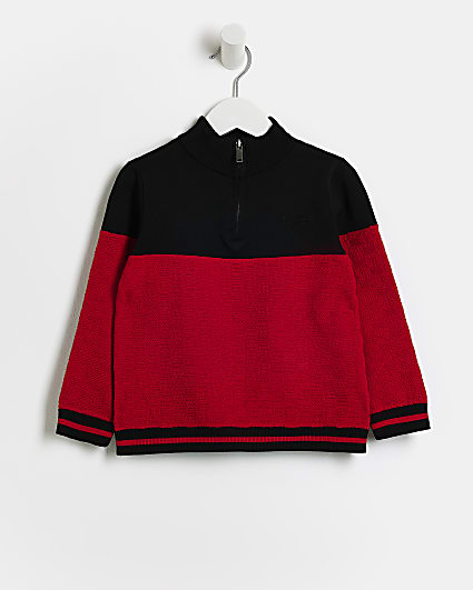 Mini boys red knit colour block jumper