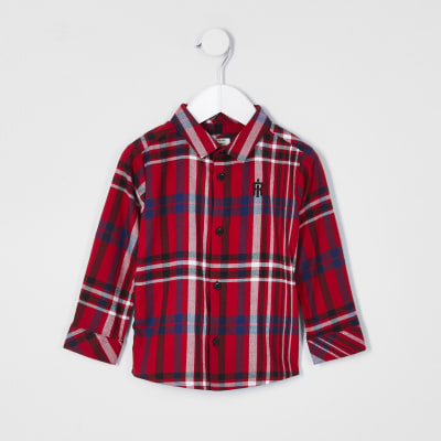Mini boys red long sleeve check shirt River Island