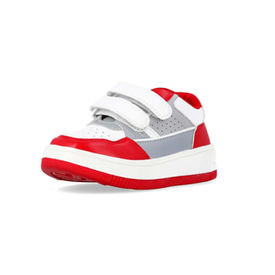 360 degree animation of product Mini boys red Pu Velcro trainers frame-0