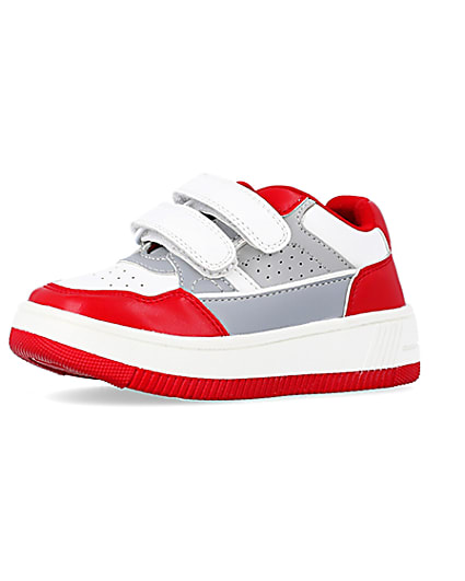 360 degree animation of product Mini boys red Pu Velcro trainers frame-1