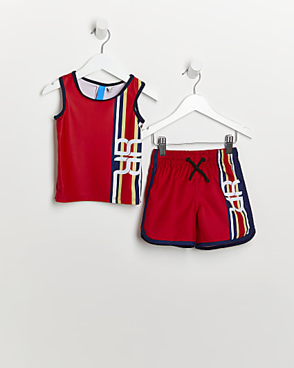Mini boys red stripe vest and swim shorts set