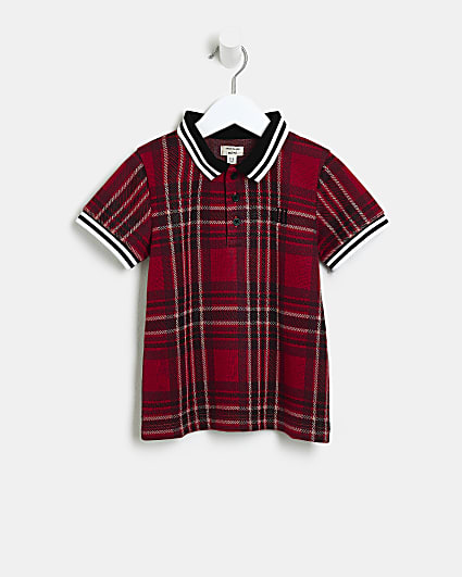 Mini Boys Red Tartan Checked Polo Shirt