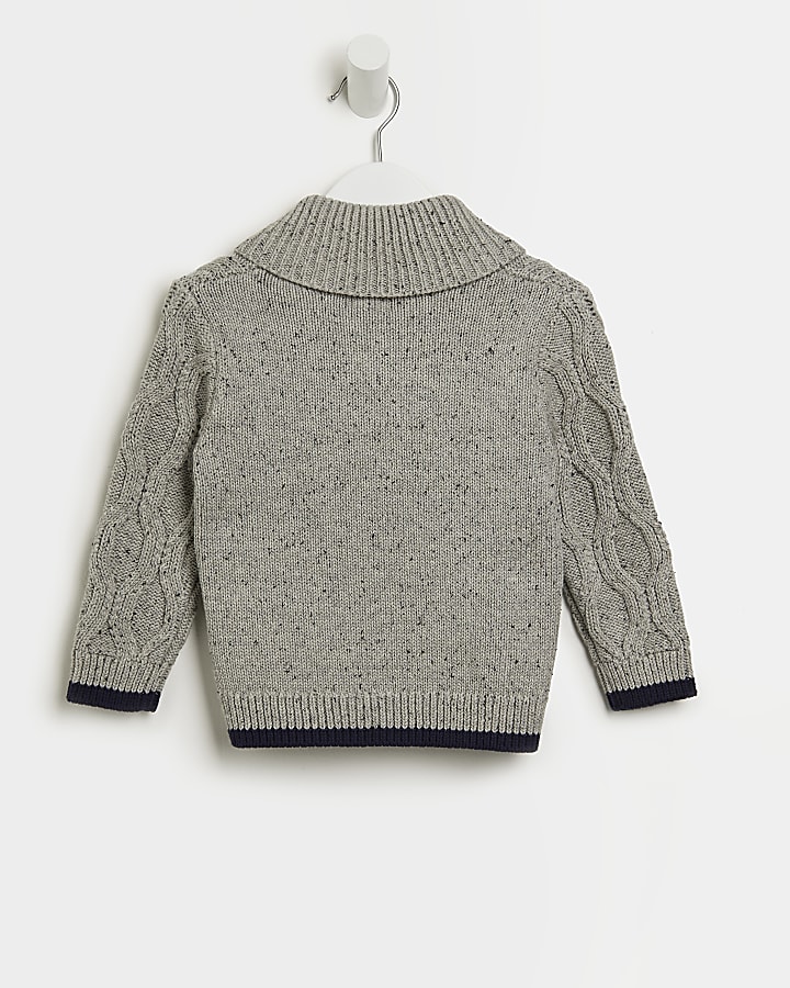 Mini boys stone shawl neck cable knit jumper