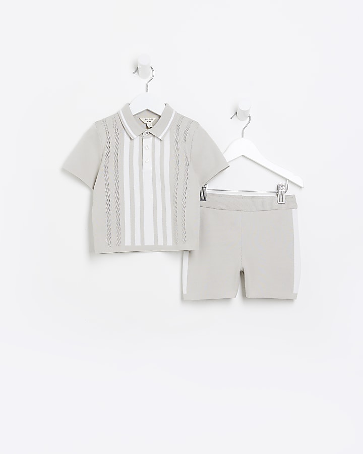 Mini Boys Stone Stripe Polo Shirt Set