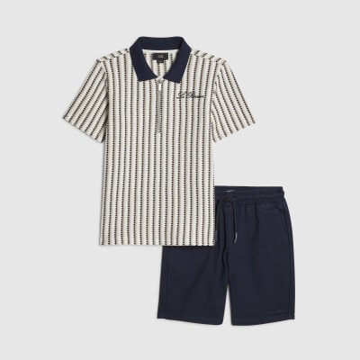 Mini Boys White Crochet Stripe Polo Shirt Set
