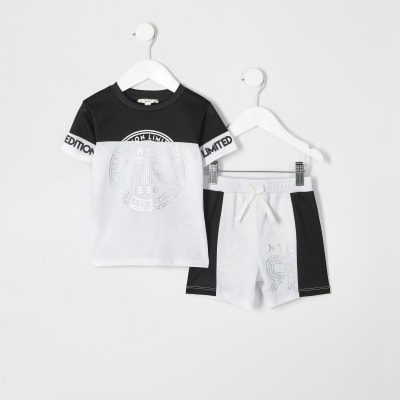 Mini boys white foil print mesh shorts outfit