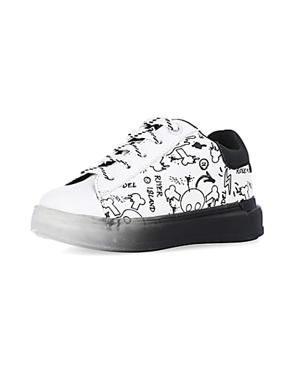 360 degree animation of product Mini boys white graphic print wedge trainers frame-1