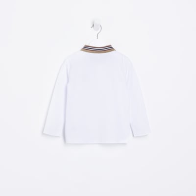 Mini boys white long sleeve polo shirt