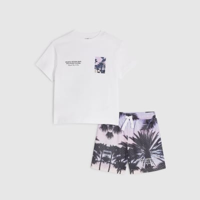 Mini Boys White Palm Tree Mesh Shorts Set