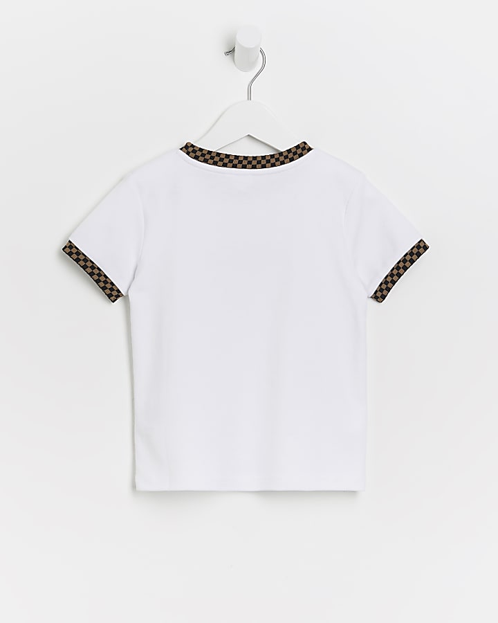 Mini boys white RI checkerboard trim t-shirt