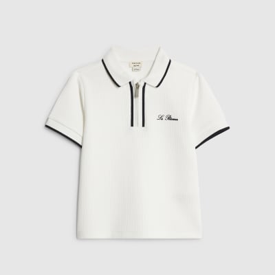 Mini Boys White Slim fit Textured Polo Shirt