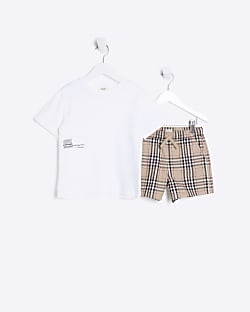 Mini boys white t-shirt and check shorts set