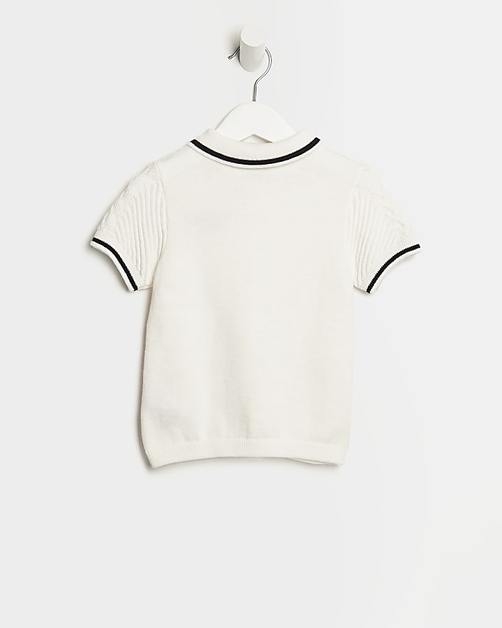 Mini boys white textured knit polo shirt