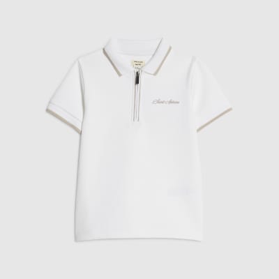 Mini Boys White Textured Polo Shirt