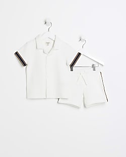Mini boys White Textured Revere shirt Set