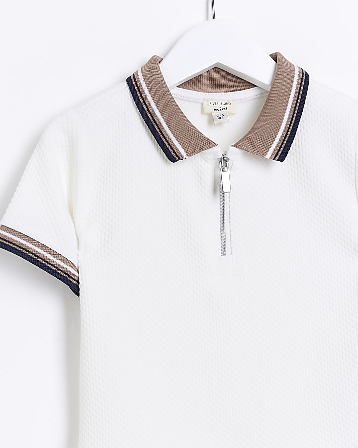 Mini Boys White Tipped Textured Polo Shirt